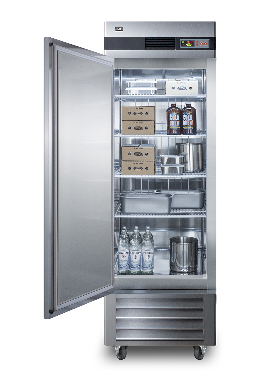 23 cu.ft. commercial reach-in refrigerator in complete stainless steel with left hand door swing